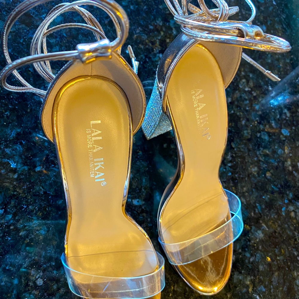 Lala Ikai Silver lace up sparkly Heels